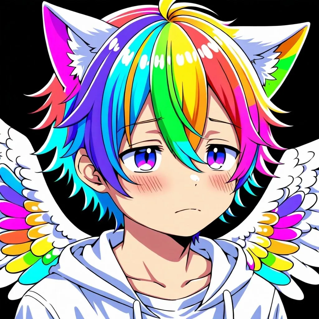 Prompt: anime, human boy
 , detailed, rainbow
 hair, shy, cat ears, angel like 
very detailed