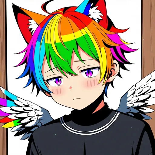 Prompt: anime, human boy
 , detailed, rainbow
 hair, shy, cat ears, angel like 
very detailed