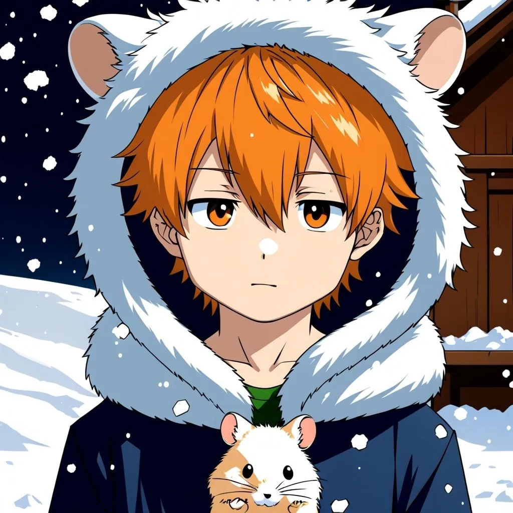 Prompt: anime, human boy
 , detailed,   hair, sli
, snow fox, hamster like 
very detailed