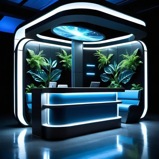 Prompt: 2x6 booth design in nature, futuristic, high-res, ultra-detailed, sci-fi, cool tones, blue accents, lush greenery, sleek design, professional, atmospheric lighting