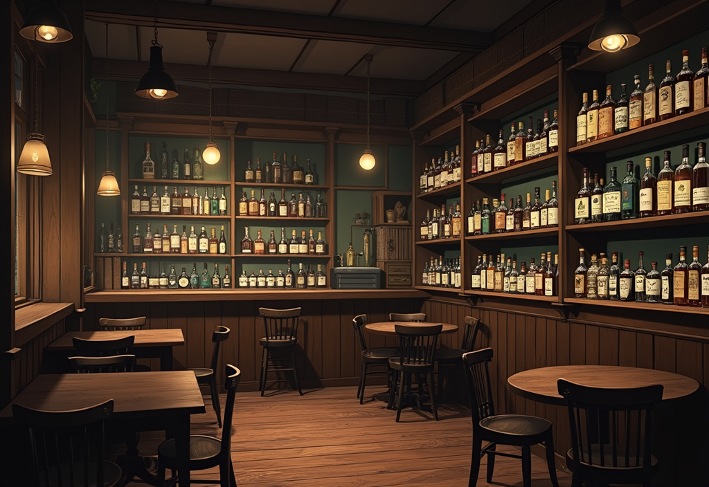 Prompt: A anime scene of a 1920's speakeasy. It is a quaint space with wooden chairs, wooden tables, and a wooden bar. Behind the bar is a wall filled to the brim with bottles of alcohol. Along one of the walls next to the tables is a large wall-sized bookshelf lined with bottles of liquid medicine and poisons from top to bottom.
