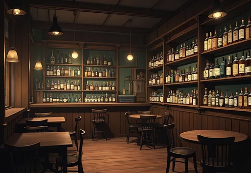 Prompt: A anime scene of a 1920's speakeasy. It is a quaint space with wooden chairs, wooden tables, and a wooden bar. Behind the bar is a wall filled to the brim with bottles of alcohol. Along one of the walls next to the tables is a large wall-sized bookshelf lined with bottles of liquid medicine and poisons from top to bottom.