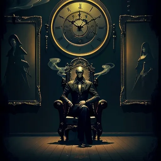 Prompt: a man sitting on a throne in the middle of a foggy room with a clock on it's wall, Bastien L. Deharme, gothic art, smoke, a character portrait