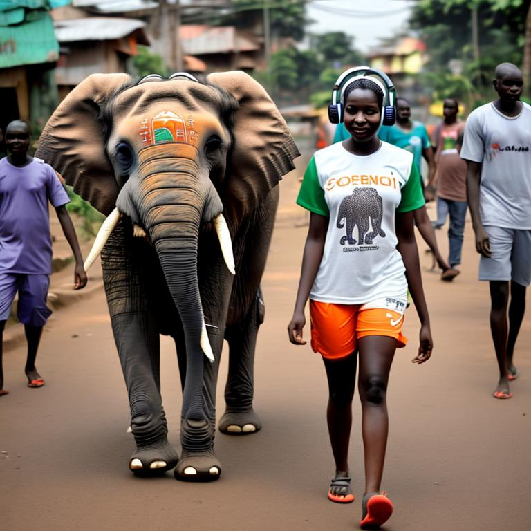 Prompt: a female elephant, stand up, wearing Ivory coast soccer t-shirt and headset, walking in Abidjan street, he has the CAN trophee in his hands