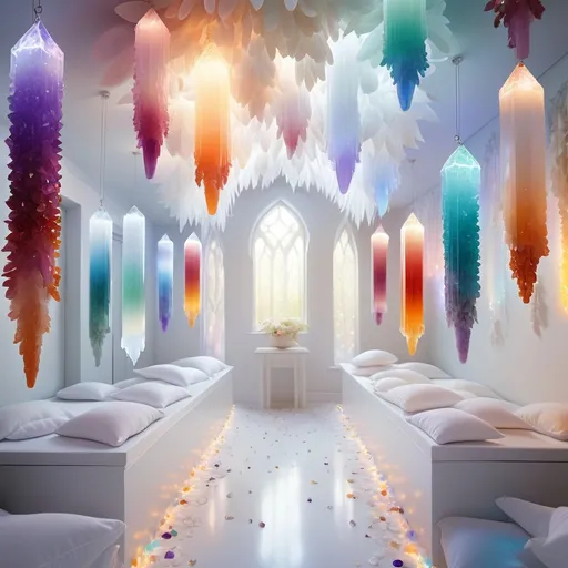 Prompt: Bright White glowing healing room, ethereal atmosphere, hundreds of hanging different coloured crystals, angelic