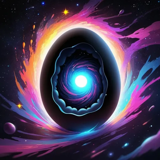 Prompt: (cartoonish anime black hole egg), vibrant colors, dynamic energy, whimsical, surreal elements, glowing aura, cosmic background with stars and galaxies, playful atmosphere, celestial details, high contrast, neon highlights, dreamy, imaginative, highly detailed, soft lighting, artistic masterpiece, HD, ultra-detailed, award-winning illustration.