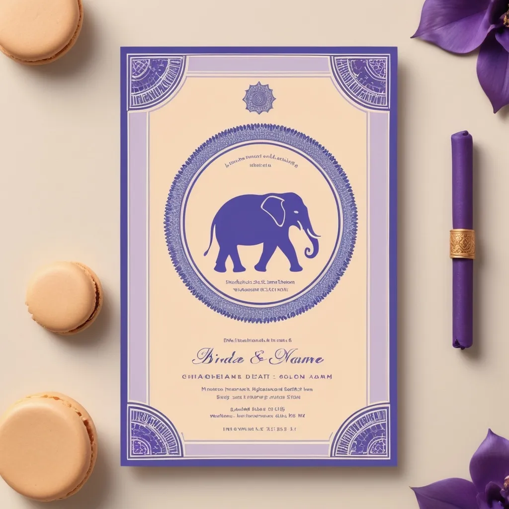 Prompt: Create an elegant wedding invite inspired from the iconography and aesthetics of Indus valley civilization, Buddhist Dhamma-chakra, elephants, subtle abstract graphics, no definite forms and feelings, no extravagant forms, very simple design, light apricot beige background, macaroon colour background, dark periwinkle violet colour frame, bondi blue colour text:

Bride's name - Purnima 
Groom's name - Hemant 
Wedding date - 17th November 2024
Wedding time - 6:00 pm onwards
Venue - Sagarmatha, Colaba (Mumbai)