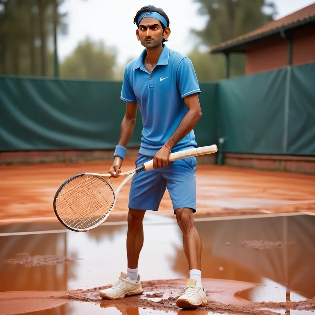 Prompt: indian in a clay tennis court with puddles