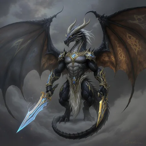 Prompt: Full body black scaled muscle winged dragon with crescent moon horns, grey belly scales, white trails of pelt hair on it's back and forearms and golden sigils over its body. It wears a couple of chained blades on each hand, the right one with black and orange color representing Dusk and the left one with white and blue colors representing Dawn. 