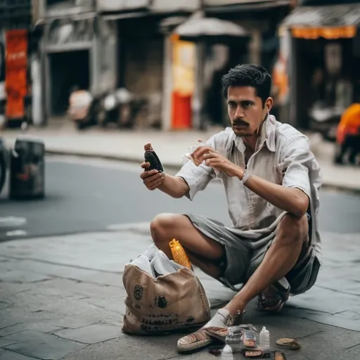 Prompt: A man sitting on the street side with a table full of drinks and bag of open money with as bueatful barground 