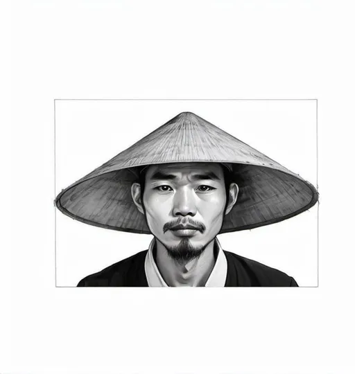 Prompt: caricature, a korean man, only black and white, wearing Vietnamese hat, hide face look like image,