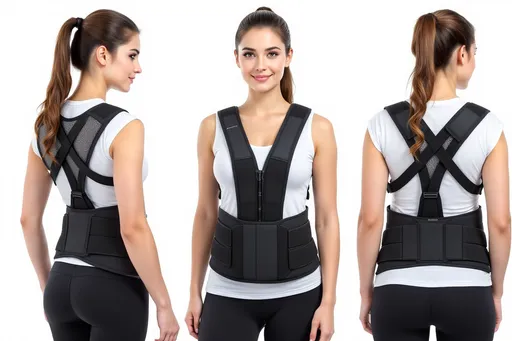 Prompt: Generate high-quality product image variants using the exact posture correction vest shown in the reference image. Preserve all physical characteristics including the mesh-textured back panel, the dual vertical support lines, the thick padded shoulder straps, and the crisscross elastic waist bands. Maintain the same ergonomic structure, proportions, and black color material. Show different angles (front, side, and worn) on clean white or light grey studio backgrounds. Ensure every variant clearly reflects the real product design, material, and functionality, also need to add Logo of "Norgym" brand in the image