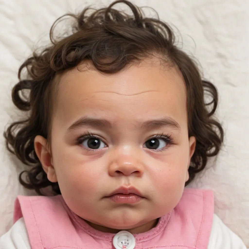 Prompt: Female baby, with round face, cleft chin, curly hair, widow's peak, medium eye distance, round eyes, eyes that are slanted upwards, medium-sized eyes, long eyelashes, bushy eyebrows, eyebrows are not connected, large nose, medium-sized lips, medium-sized ears, medium-shaped lips, no freckles, and dimples.