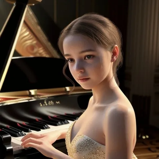 Prompt: 3D rendering of a young girl playing a grand piano, elegant evening gown, detailed facial features, soft and warm lighting, high quality, realistic, classical music, detailed fingers on piano keys, rich wood texture, professional, realistic lighting, cinematic, elegant, atmospheric, musical art, warm tones