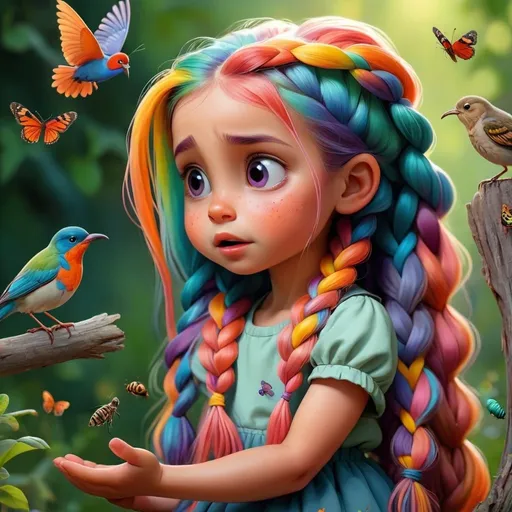 Prompt: little girl with long colorful braided 
hair talking to birds and bugs




