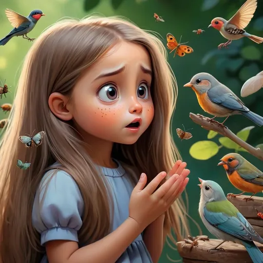Prompt: little girl with long hair talking to birds and bugs




