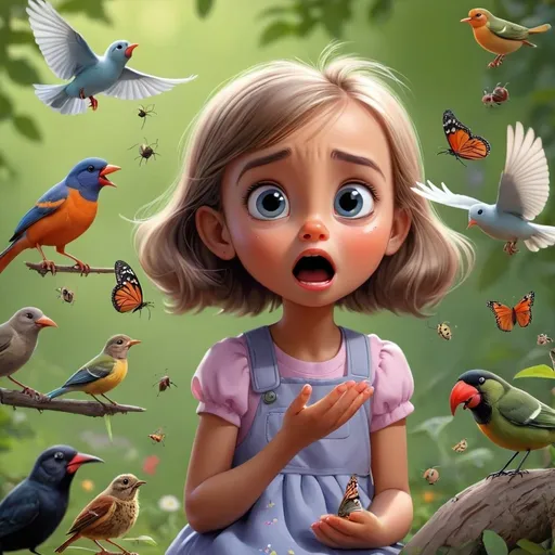 Prompt: little girl talking to birds and bugs




