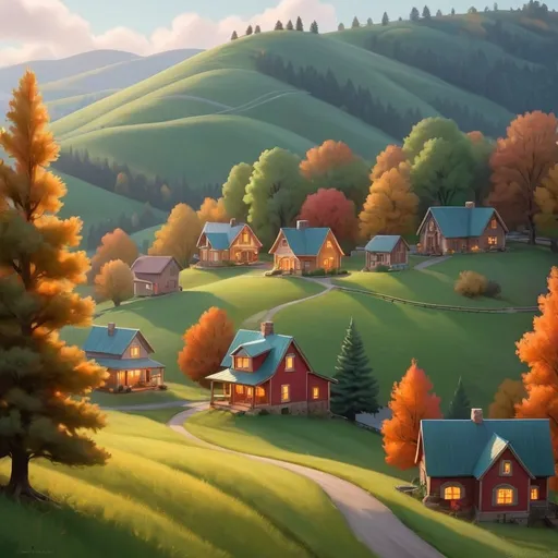 Prompt: cozy little town nestled between rolling hills and whispering trees



