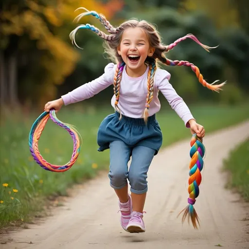 Prompt: little girl with long colorful braided laughing hard while skipping




