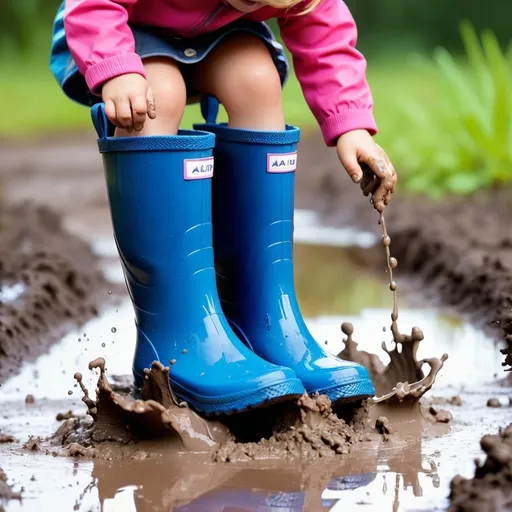 Prompt: kids rain boots splashing in a mud puddle




