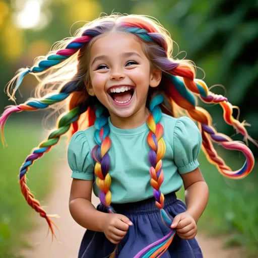 Prompt: little girl with long colorful braided hair laughing hard while skipping




