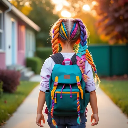 Prompt: little girl with long colorful braided hair walking to school with a backpack





