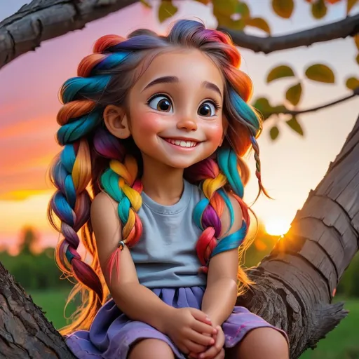 Prompt: little girl with long colorful braided hair sitting in a tree watching the sunset and smiling






