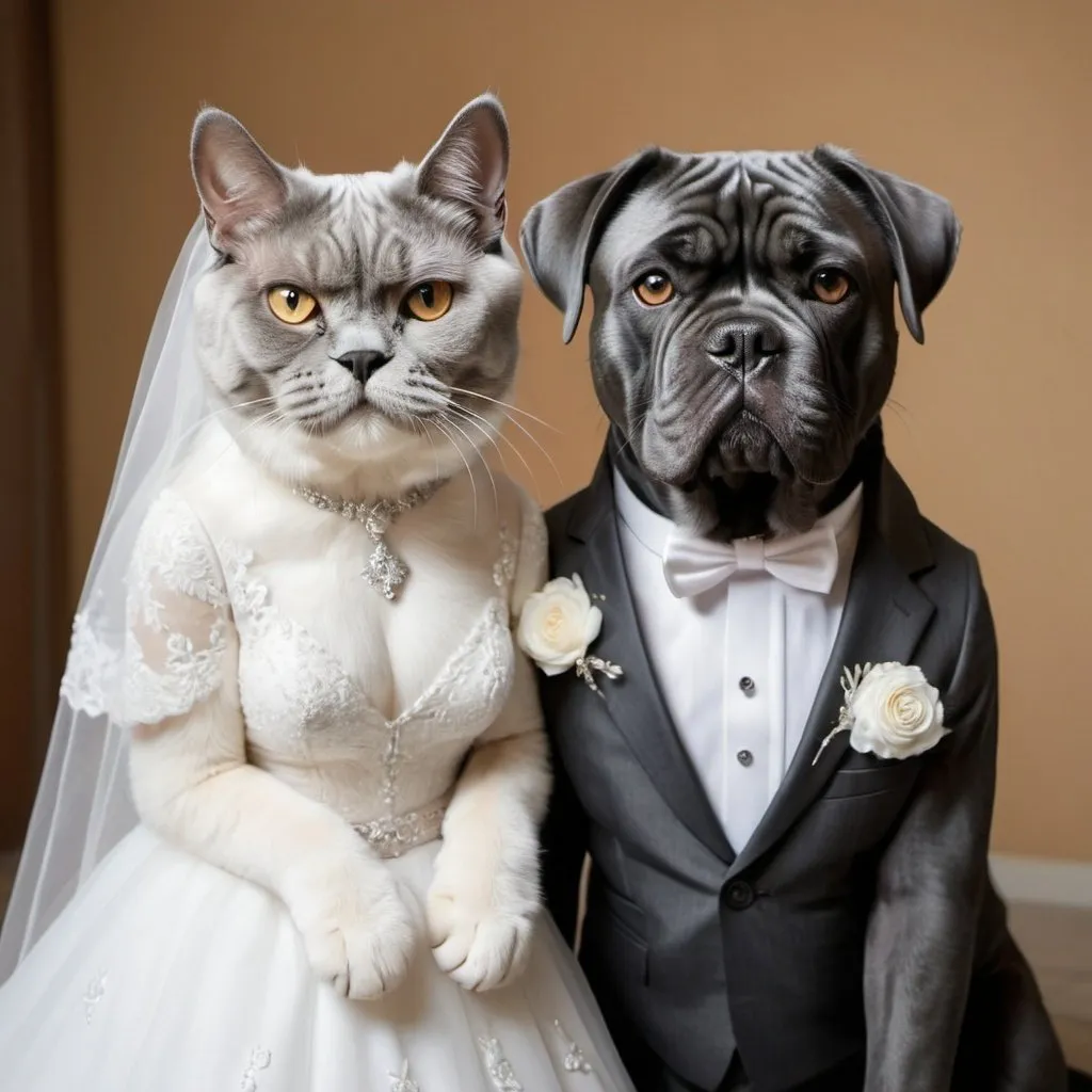 Prompt: draw a cane corso with grey fur and a persian cat with white fur as groom and bride