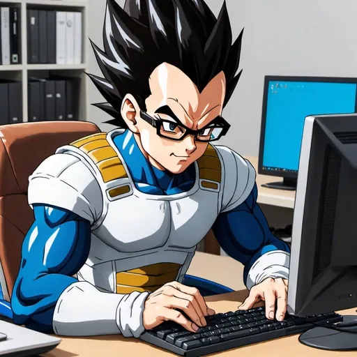 Prompt: vegeta with glasses working on various computers