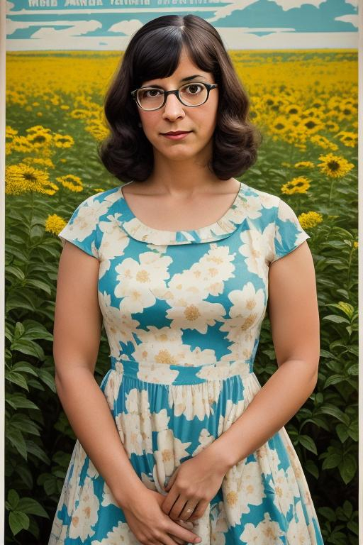 Prompt: Poster art of Tina Belcher in a flower dress, 1968, in an American WPA poster, serious, important, dire, inspirational, propaganda, heroic, stoic, butch lesbian, cottagecore,  technicolor, modest, realism, Norman Rockwell 