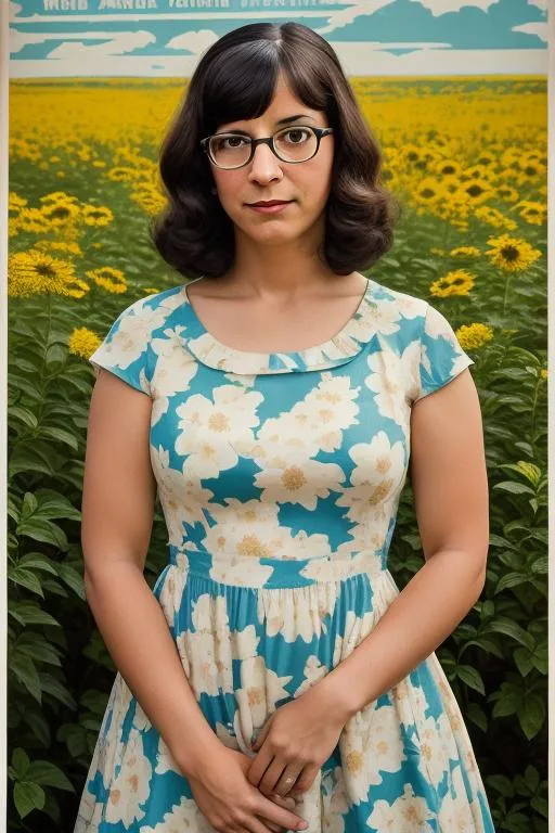 Prompt: Poster art of Tina Belcher in a flower dress, 1968, in an American WPA poster, serious, important, dire, inspirational, propaganda, heroic, stoic, butch lesbian, cottagecore,  technicolor, modest, realism, Norman Rockwell 