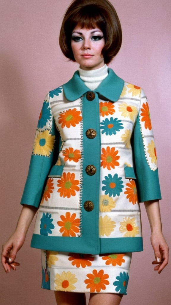 Prompt: Fancy fashionable 1968 mod jacket with chrysanthemums, cats, and zigzags 