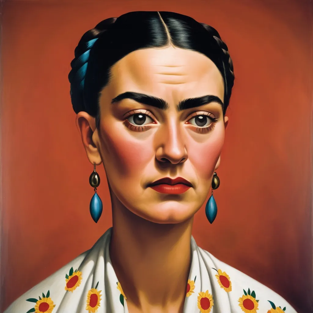 Prompt: “Portrait of Frida Kahlo” collaboration of Georgia O’Keeffe, Grant Wood, and Salvador Dali, 1938, oil on canvas 