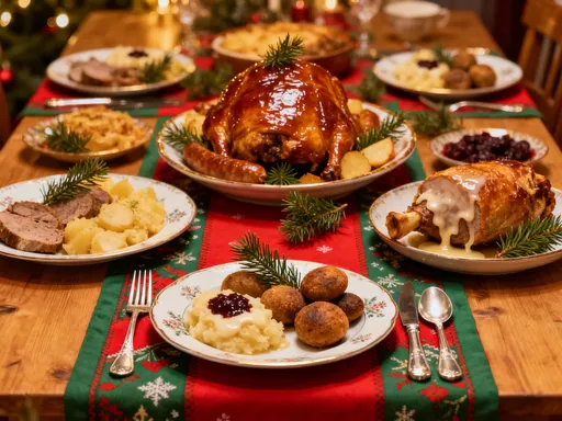 Prompt: Prisskaven Christmas table adorned with traditional foods: gred, smem, plimps with örg, baked dzip in dripping, and the glazed klag centerpiece 