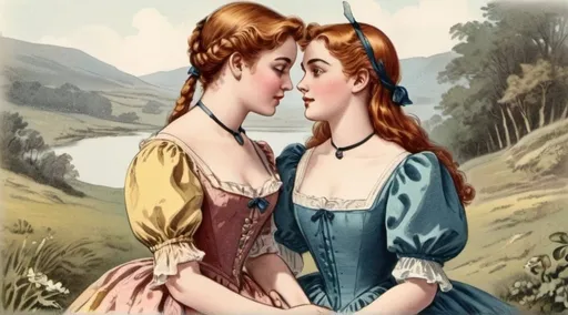 Prompt: Anne Shirley in love with Diana Barry, hand-colored vintage English engraving circa 20th century, colorful, romanticism, full body, incredibly gay, country scene, 