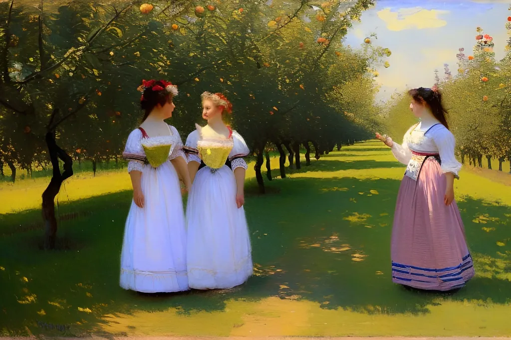 Prompt: Painting by Ilya Repin of two women in an orchard in Summer. 