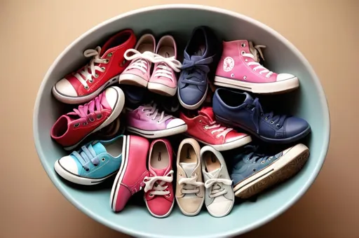 Prompt: A lovely bowl of shoes 
