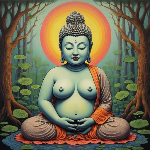 Prompt: Sweaty Lady Buddha heeple gond, majestic, haunting, tons of fun, swampboob