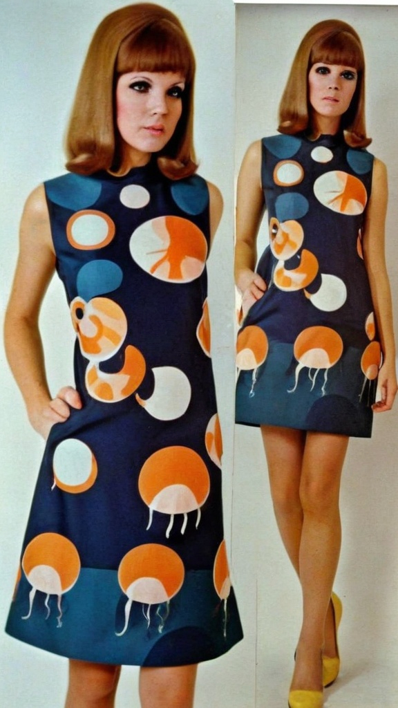 Prompt: Fancy fashionable 1968 mod dress with stars and jellyfish 