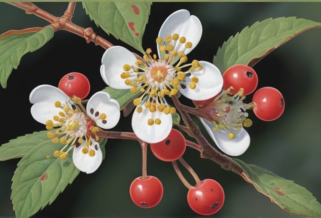 Prompt: Nature guide illustration of Australian spotted felonberries (Sceleratus vitiligo), showing leaves, flowers, berries 
