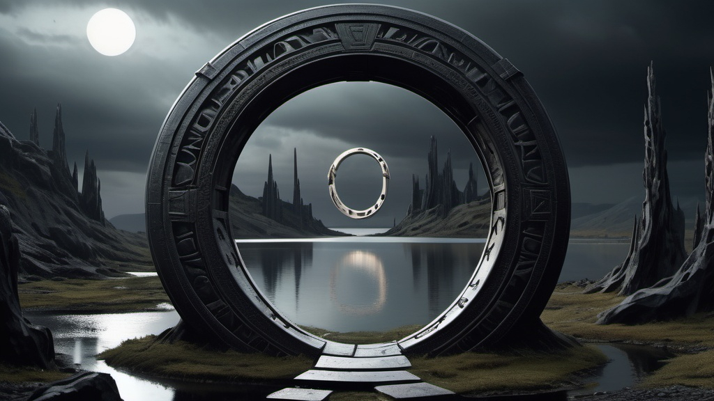 Prompt: magical sphincter between realms, circular portal, ring standing on edge, portal made of hair, upright ring, ding-dong, freestanding ring, patterns on ring, complete ring, ancient Slavic architecture, lush setting, Land of Cheese, panoramic view, dark night, futuristic cyberpunk tech-noir setting, eerie, unsettling, uncanny, mercury river 