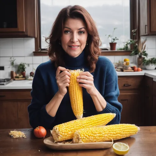 Prompt: Show me a greszy wischiełka jumper on a MILF eating corn 