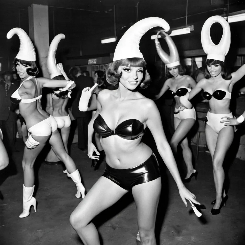 Prompt: L.A. Clam Factory go-go dancers, 1966