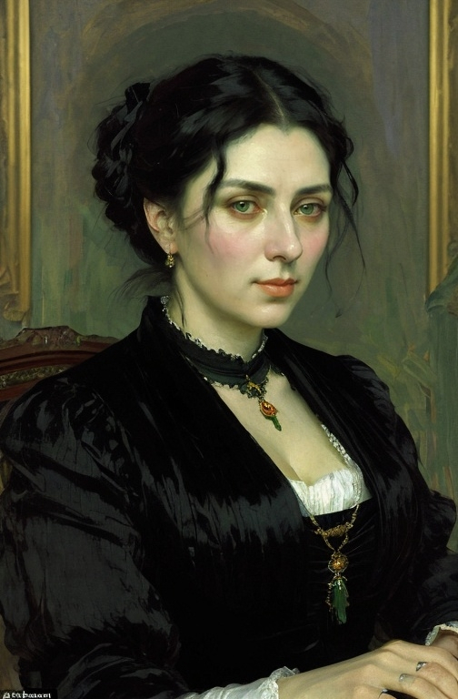 Prompt: Portrait of an Inscrutable Woman, painting by Ilya Repin, 1896, oil on canvas, impressionist, broad strokes, haunting, beautiful woman, green eyes, black hair 