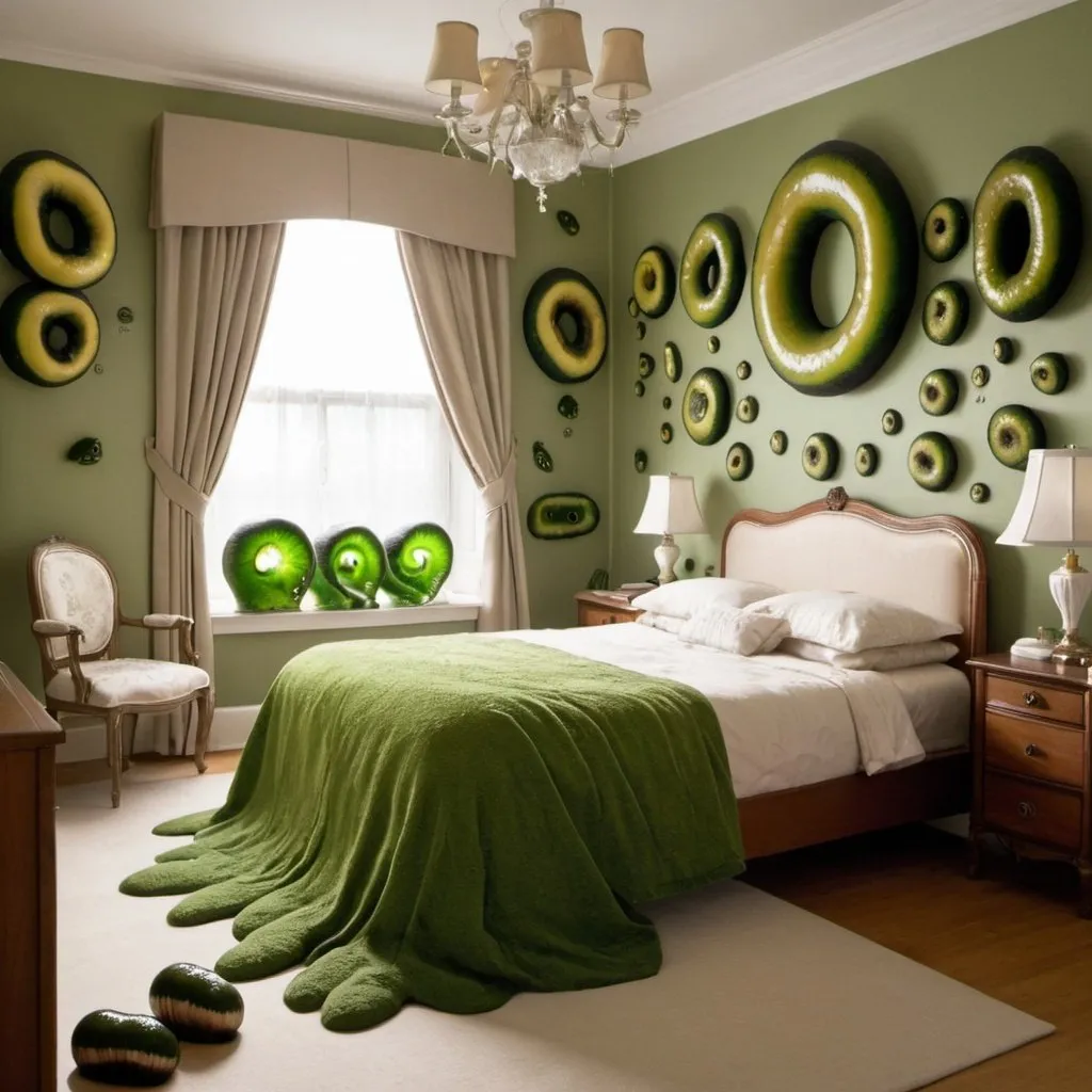 Prompt: Fancy bedroom decorated with slugs and mucus 