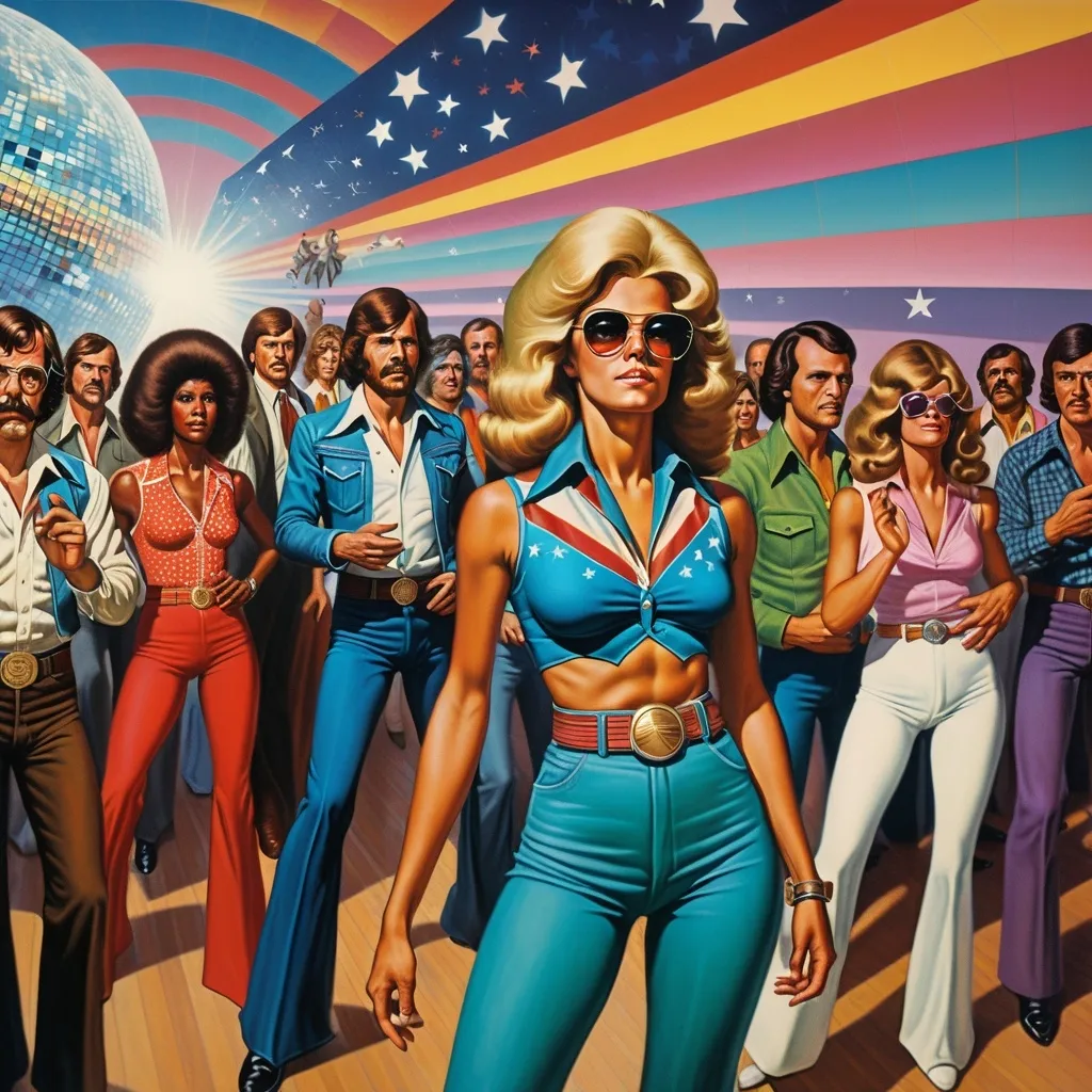 Prompt: American socialist disco realism art of the 1970s