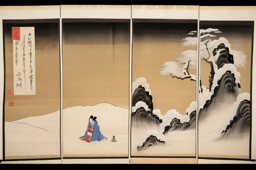 Prompt: A thousand years of Yuki-onna, illustrated scroll, ink on paper, 1636