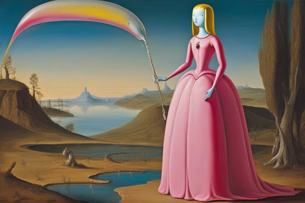 Prompt: Princess Bubblegum from Adventure Time as painted by Salvador Dali, oil on canvas, 1952