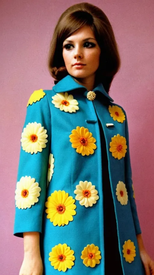 Prompt: Fancy fashionable 1968 mod jacket with chrysanthemums, cats, and zigzags 