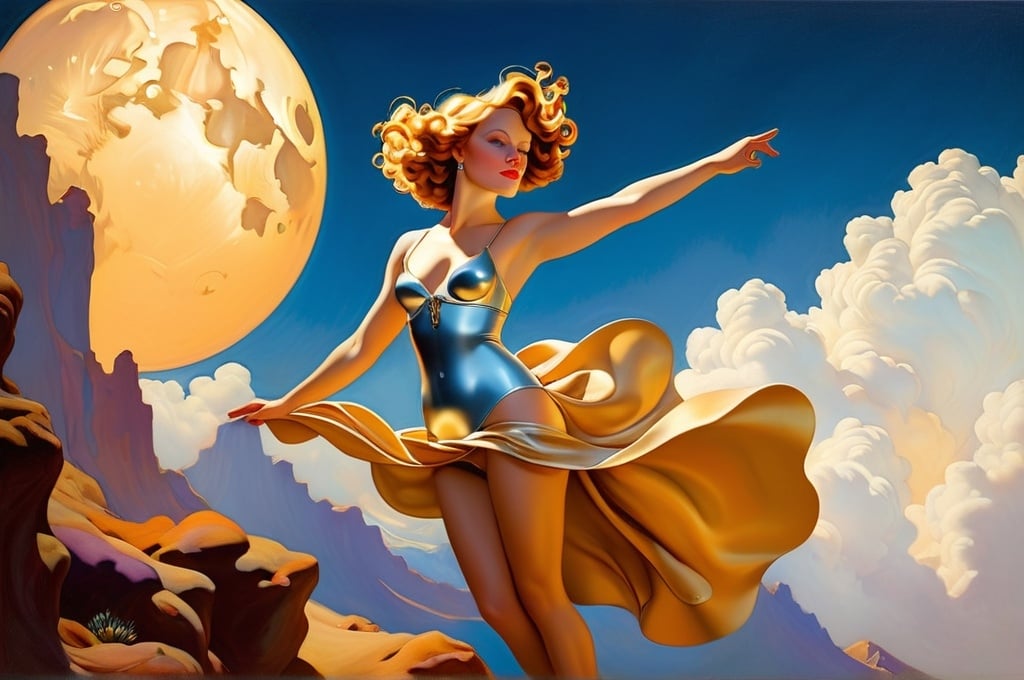 Prompt: Helen Gint’s plubefect farthing squeal, in the style of Maxfield Parrish, 1934